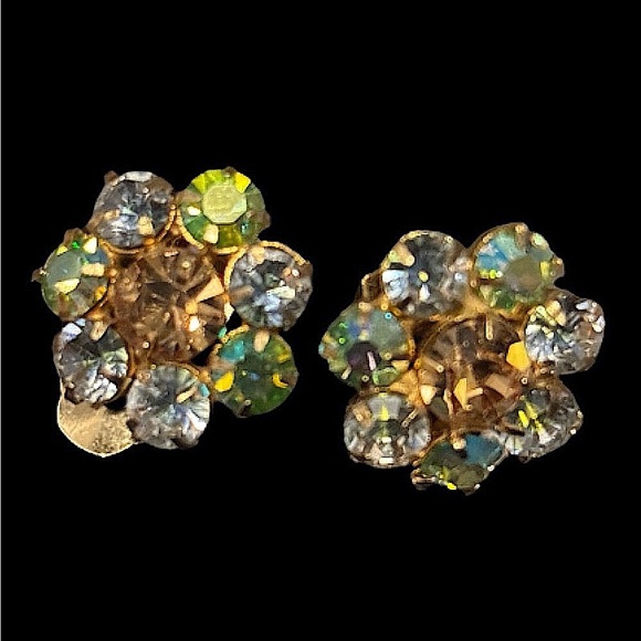 Vintage Aurora Borealis Rhinestone Earrings / Clip-on - Picture 4 of 6